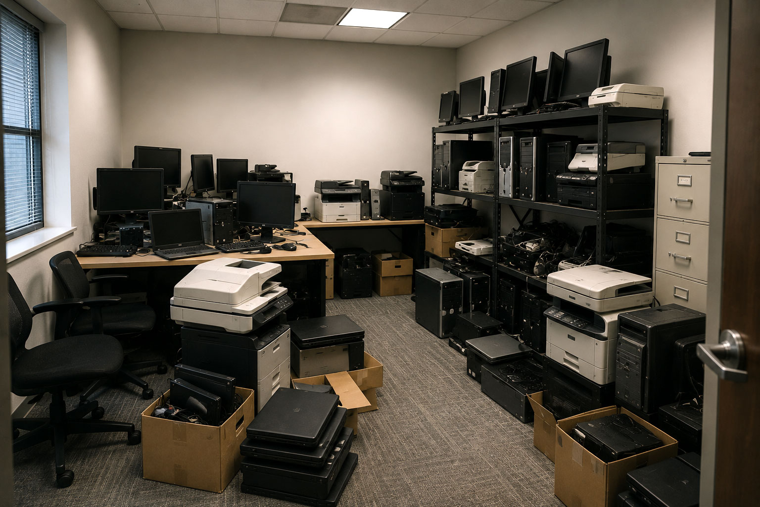 business-old-computer-equipment-for-recyclilng Instead of being recycled promptly, retired electronics are moved into storage with the intention of dealing with them later.